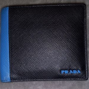 Prada Mens' Saffiano Leather Blue and Black Bi-Fold Wallet